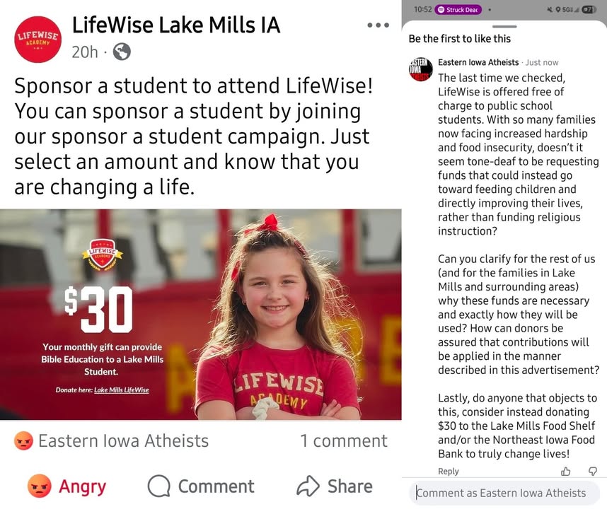 Eastern Iowa Atheists get it! 👏🏻👏🏻👏🏻 That comment is spot on 🎯. Shout out for ca…