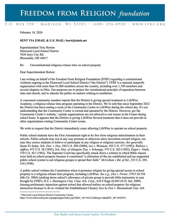 The Freedom From Religion Foundation has as sent a formal letter to Elmwood Loca…