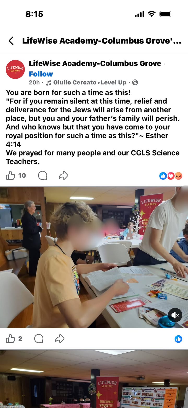 LifeWise Academy-Columbus Grove posted that they prayed for public school scienc…