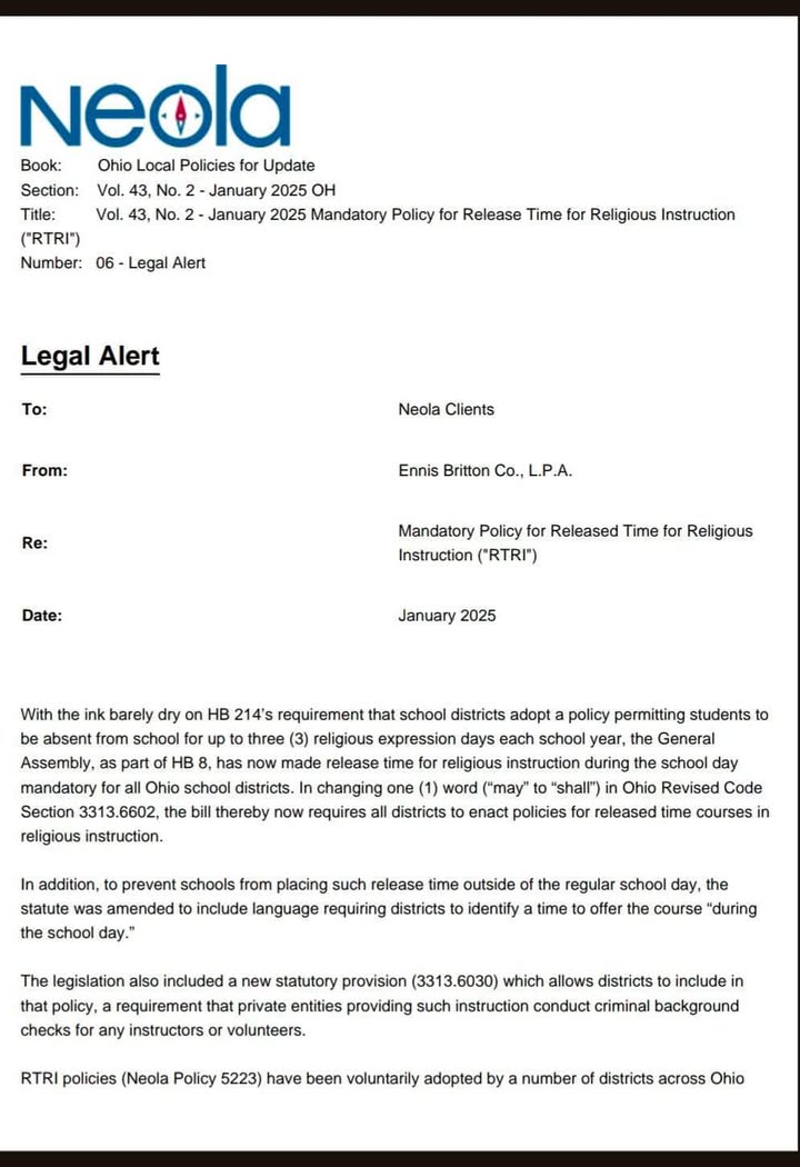 This is a legal alert NEOLA sent out to their district clients along with their …