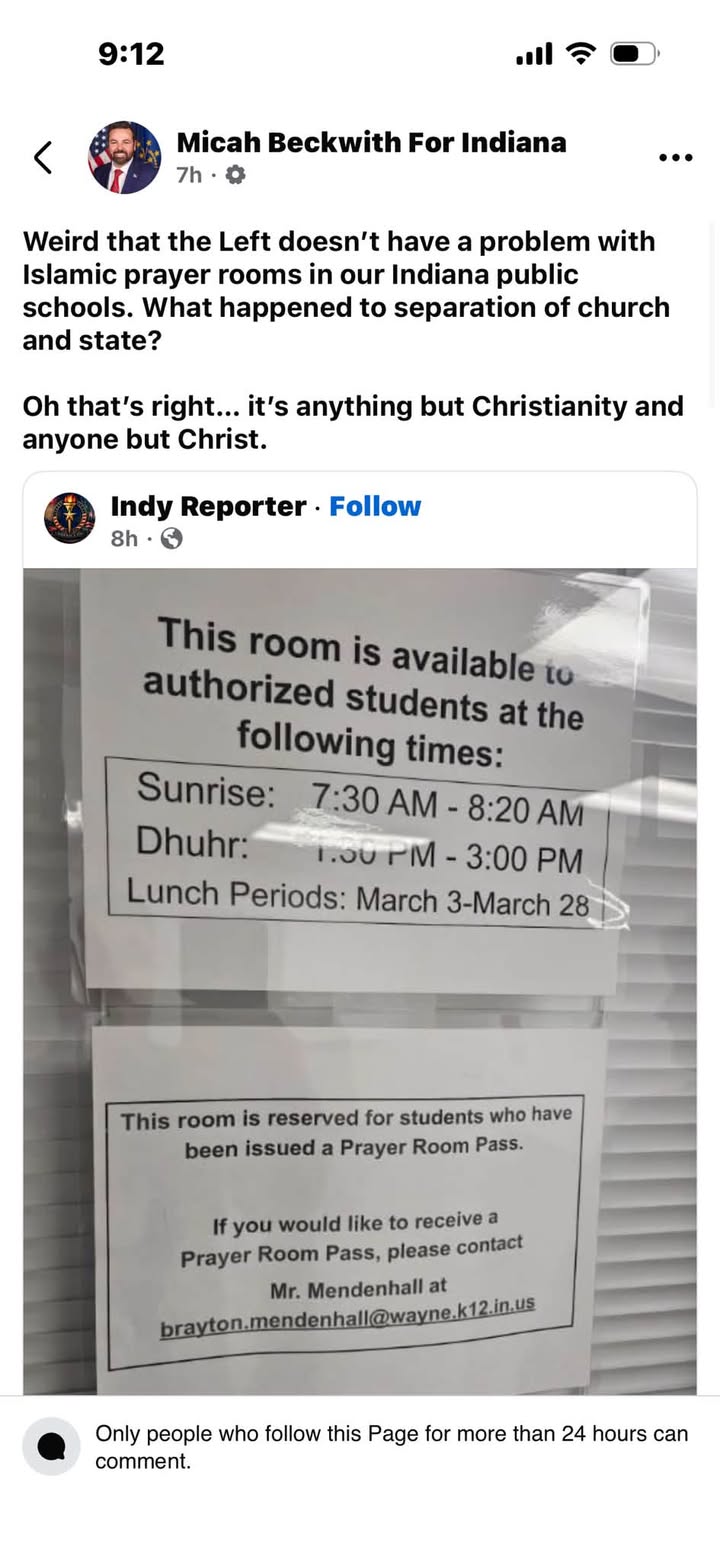🚨 Micah Beckwith For Indiana wants to know what happened to “separation of churc…
